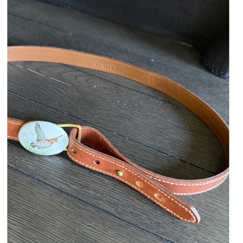 Lauren Ralph Lauren VTG M/32-34 Leather Pheasant Porcelain Brass Buckle Belt - Picture 3 of 8